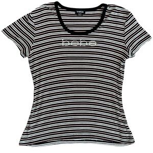 Bebe Rhinestone Bling Logo Striped Ribbed Baby Tee Navy Pink White Fitted XL